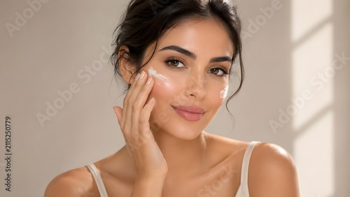 A beautiful woman with dark hair, styled in an updo, gently applies cream to her radiant face, her expression serene and content, showcasing a moment of self-care and natural beauty.