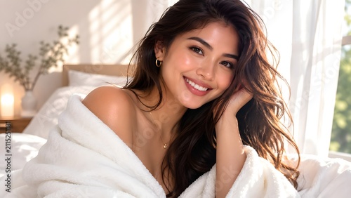 A beautiful young woman with a radiant smile rests comfortably in her bed, wrapped in a soft robe, embracing the calm and refreshing atmosphere of a peaceful morning.