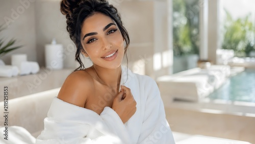 A woman in a white robe smiles gently, her hand resting on her collarbone, exuding tranquility and relaxation in a spa-like setting.