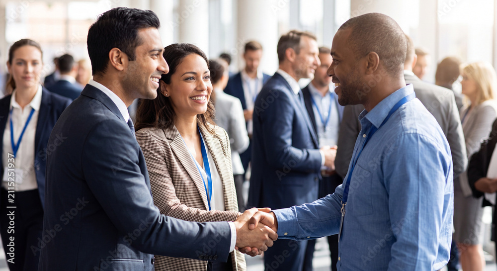 Obraz premium A close view of a businessman and businesswoman shaking hands happily amidst colleagues during a busy networking conference event