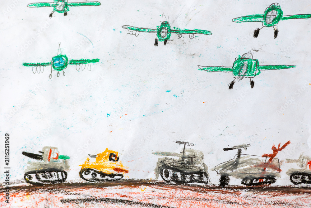 Obraz premium Child's drawing depicting war and military vehicles. Concept of childhood during armed conflict, emotional expression and children's mental health