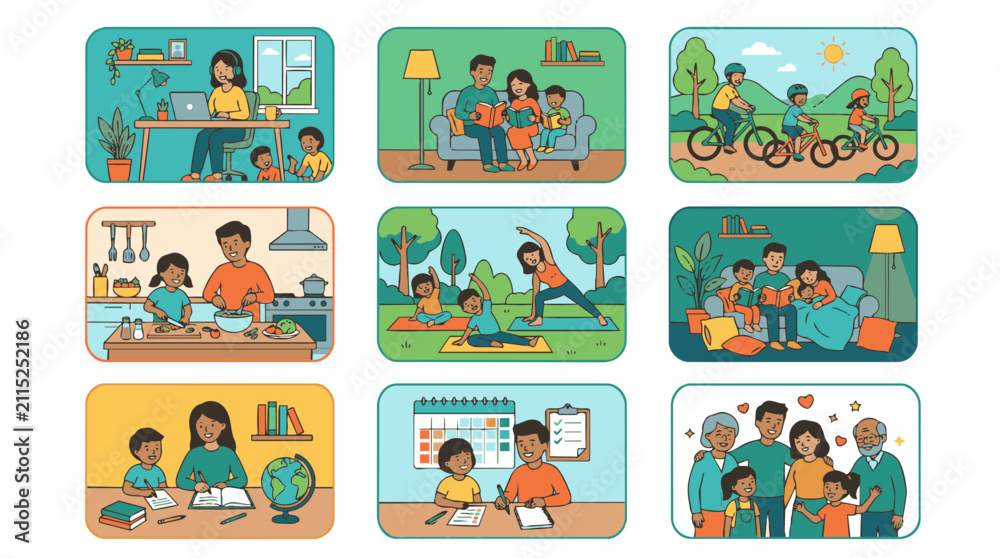 Naklejka premium Diverse family activities showcasing education, health, and togetherness for marketing and protection themes