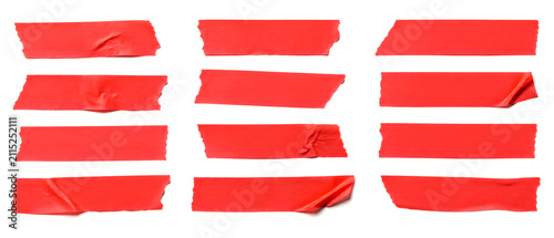 Red masking tape set with 12 adhesive strips, wrinkled paper tape pieces for scrapbooking, textured red duct tape fragments for design mockups isolated on White Background ai
