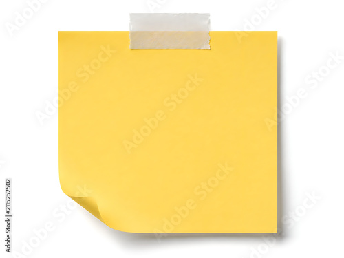 Yellow sticky note with adhesive tape, blank square paper memo for reminders, office stationery note with curled corner for business messaging isolated on White Background ai