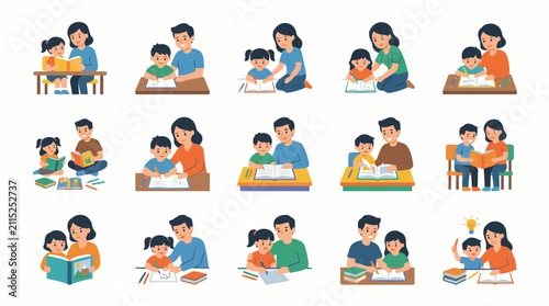 Parents and children engaged in educational activities, fostering learning and family bonding
