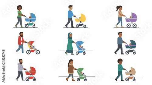 Diverse parents pushing strollers representing family, protection, and new beginnings for marketing
