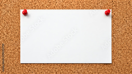 Blank white paper note pinned to cork board, empty message card with red push pins, office bulletin board for reminders and announcements isolated on White Background ai