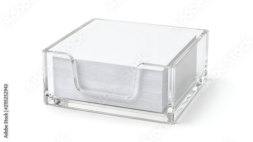 Clear acrylic memo holder with white paper notes, transparent desk organizer for office stationery, square plastic notepad container for workspace isolated on White Background ai