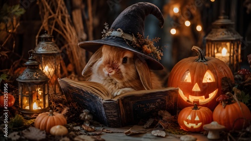 A whimsical rabbit, adorned in a witch's hat, engrossed in reading a book amidst a mystical Halloween scene, illuminated by flickering lanterns and grinning jack-o'-lanterns.