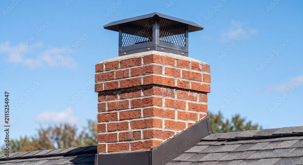 Obraz premium A classic red brick chimney featuring a black protective cap installed on the tiled roof of a suburban home under a clear blue sky