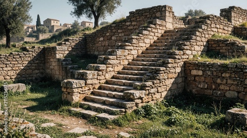 Ancient stone ruins with weathered staircases stand in sunlight. Old masonry walls form historical site surrounded by green grass, summer trees. Landscape features remnants of past civilization