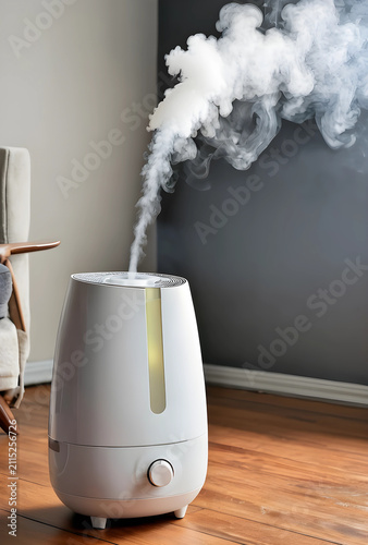 White ultrasonic humidifier emitting mist for improved air quality and comfortable indoor environment, this modern appliance helps alleviate dry air symptoms