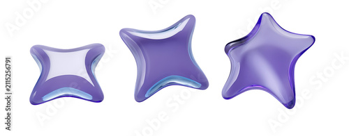 Three glossy purple glass stars. Isolated 3D crystal star shapes for festive design.