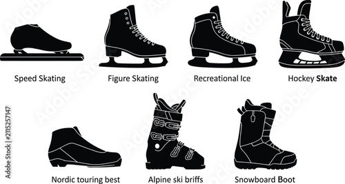 Photography Winter Sports Footwear Silhouette Set with Ice Skates Ski Boots and Snowboard Bo