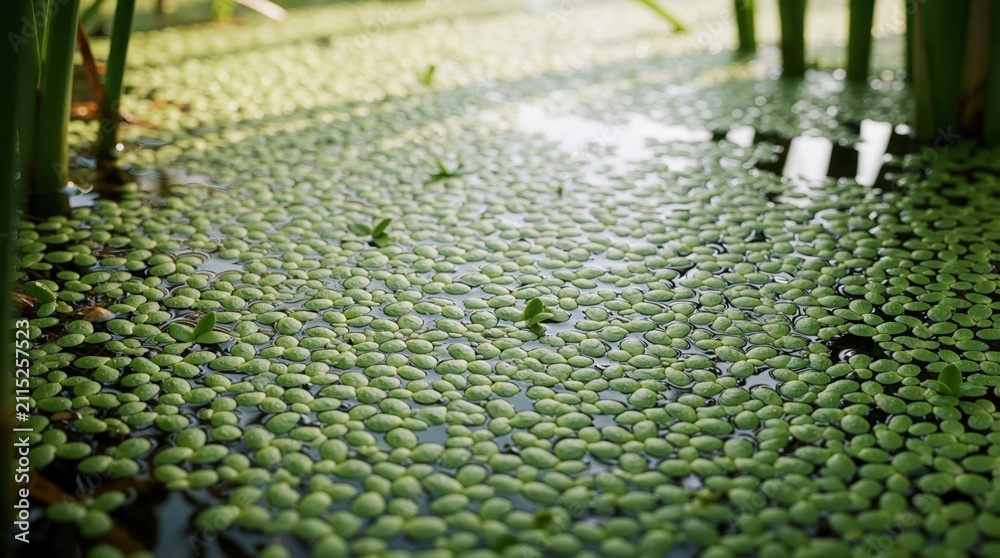 Obraz premium Green duckweed floats on calm pond water surface. Small aquatic plants cover lake in sunny summer day. Close up view shows fresh leaves texture in swamp. Tiny algae grow in clean ecosystem. Nature