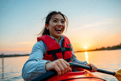 Happy young asian woman in ...