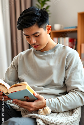 Young asian man reading a b...