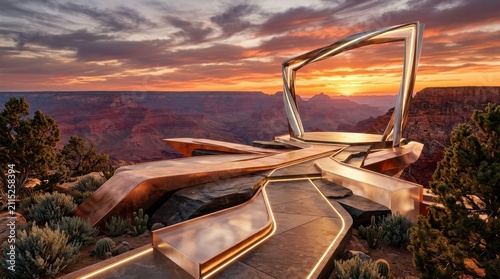 Surreal abstract display stage facing grand canyon sunset horizon line, 3D illustration, epic adventurous wilderness nature