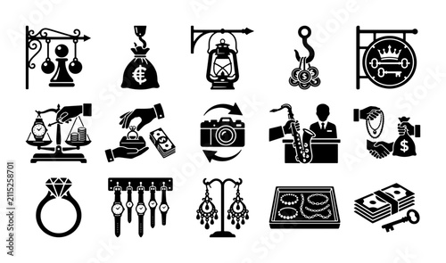 Obraz na płótnie Pawn shop icon set with 15 black vector elements, jewelry and finance symbols, a