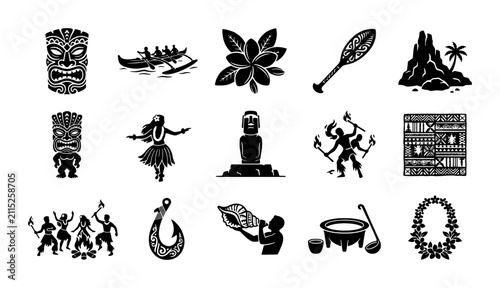 Polynesian tiki culture icons set, black tribal hawaiian symbols vector, 15 tropical island elements for summer travel branding
