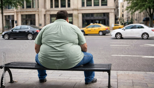 An overweight man sits alone on a black metal bench, seen from behind, with a softly blurred urban street in the background.