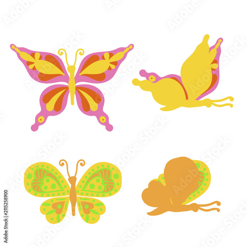 Pink and yellow butterflies. Side and top views. Vector illustration isolated on a white background.