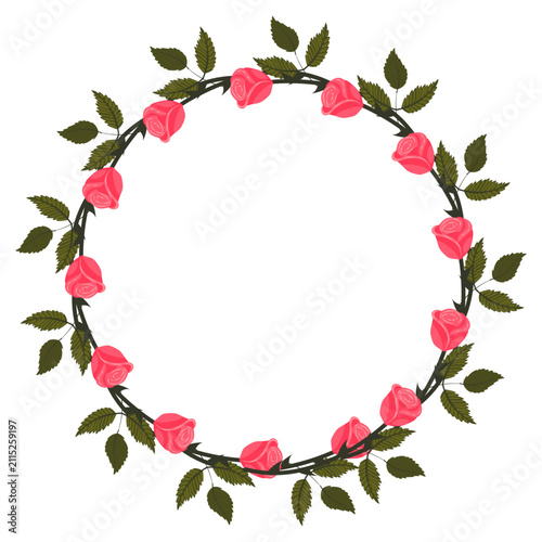 A wreath of light pink, lush roses, buds, and leaves for your design. Vector illustration isolated on a white background.