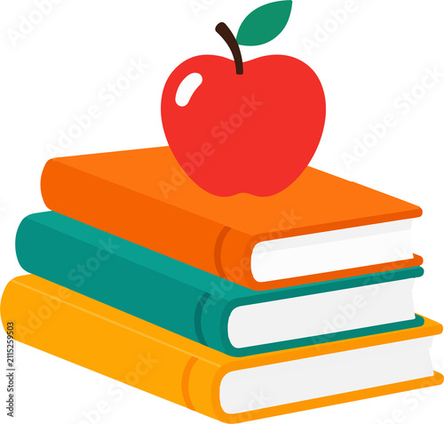 Cute Red Apple on Stack of Books Flat Vector Illustration