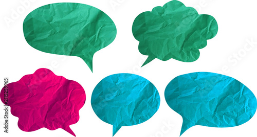 Set of colorful crumpled paper speech bubbles isolated on transparent background