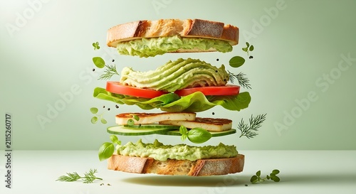 Exploded Healthy Avocado Vegetable Sandwich on Green Background for Cafe Menus, Lunch Advertising, Food Delivery Promotion, Meal Prep, and Healthy Eating Campaigns