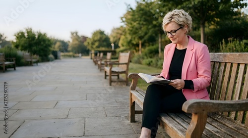 Mature blonde woman with glasses wearing elegant pink blazer and black trousers sitting on wooden bench in public park reading a book on a sunny summer day copy space