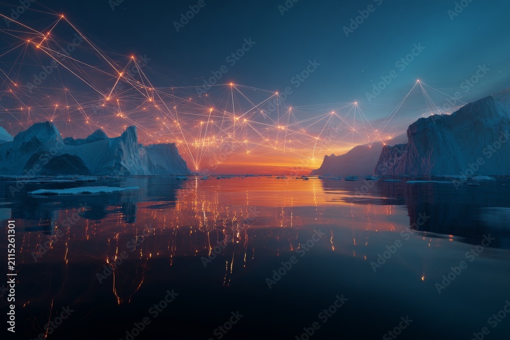 Fototapeta premium Arctic serenity: tranquil ice formations in greenland. Ai interface. Icy reflections: frozen sea and shifting icebergs of hurry inlet. Machine learning. Machine network.