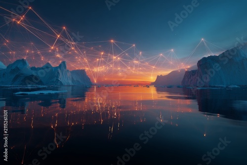 Arctic serenity: tranquil ice formations in greenland. Ai interface. Icy reflections: frozen sea and shifting icebergs of hurry inlet. Machine learning. Machine network.