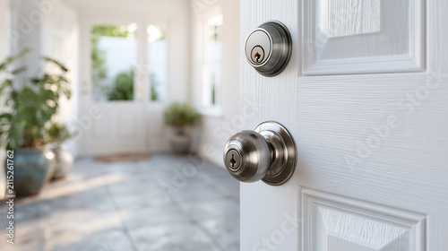 Silver deadbolt lock on white front door with bright hallway interior background, showcasing modern residential entrance security and home protection design