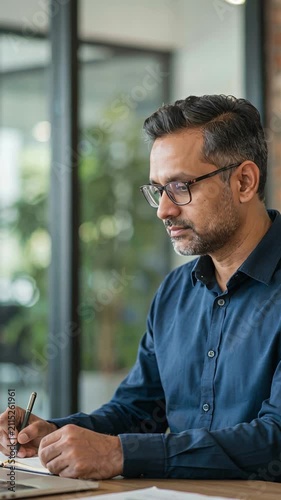 Focused Indian businessman with glasses writing at office desk