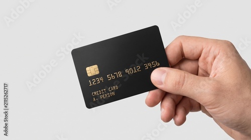 A hand holding a blank black credit card with gold numbers and an EMV chip isolated on a plain light grey background, professional financial service concept for banking, shopping, and online