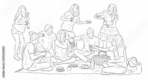 Group of friends having a picnic in park. Outline vector illustration of people gathering outdoors for party. Vector concept for social gathering, summer holiday banner, poster, and website design.