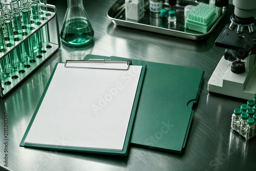 Blank Clipboard and Folder Resting on Metallic Laboratory Table for Medical Research and Analysis.