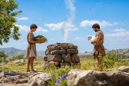 Cain and Abel Presenting Offerings at a Stone Altar in an Ancient Biblical Landscape, a Moment of Quiet Devotion and Sacrifice.