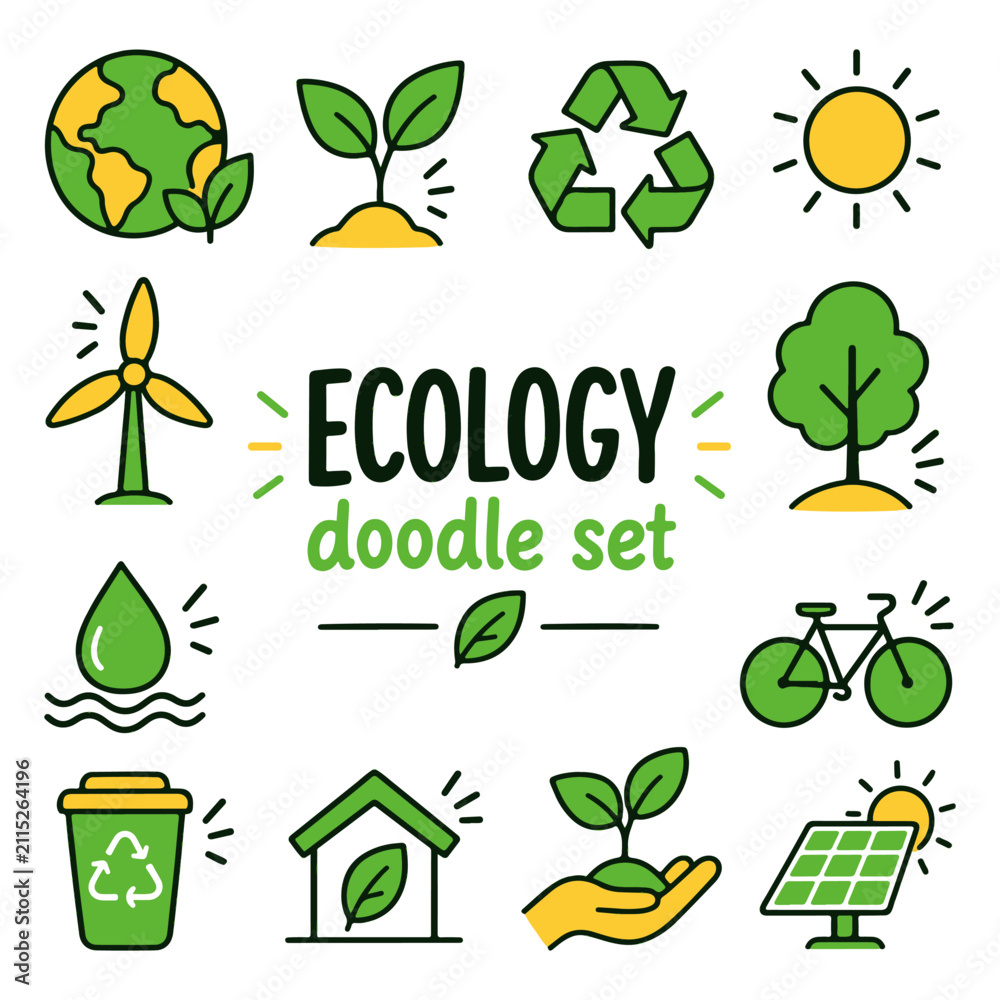 Obraz premium Ecology colorful doodle set. Hand drawn colored doodle set on a white background