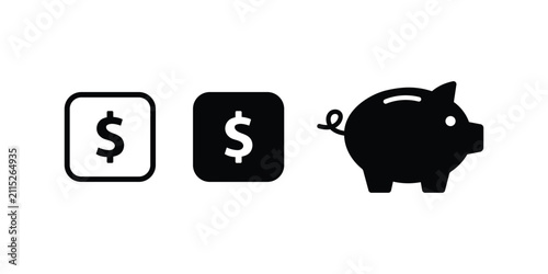 Set of financial icons including dollar sign and piggy bank