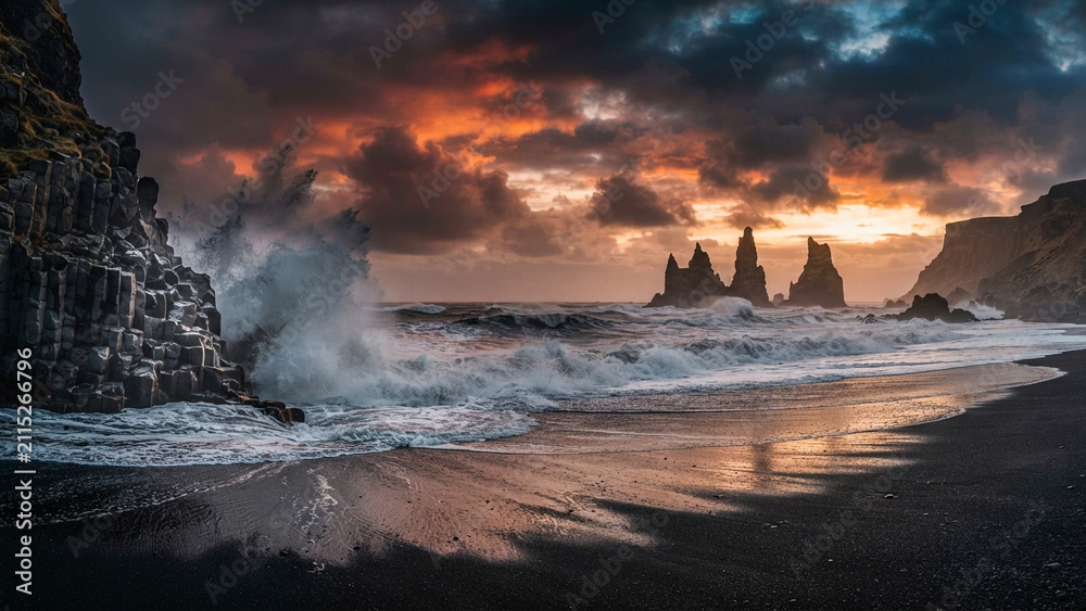 Fototapeta premium Dramatic volcanic black sand beach with crashing ocean waves and dramatic basalt sea stacks