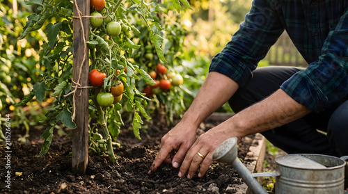 Gardener tending to tomato plants in a vegetable garden