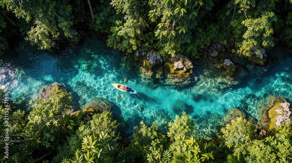 Obraz premium Kayaker paddles through vibrant turquoise river in dense jungle. Sunlight reflects on clear water revealing rocky riverbed below. Lush green trees frame this serene adventure spot.