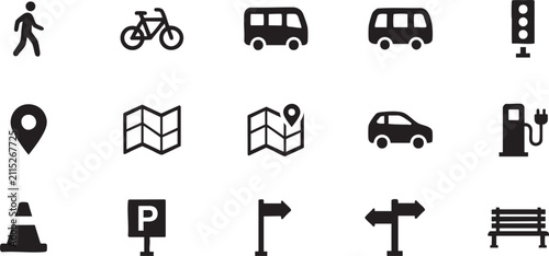 Transportation navigation icons set featuring pedestrian bicycle bus car traffic signs parking map location symbols solid vector illustration collection