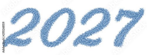 Blue tinsel. 2027. Cursive lettering from a festive Christmas ornament. Fluffy numbers made of two lines. Vector illustration. Isolated background. Cute plush message. Happy New Year. Rustling text. 