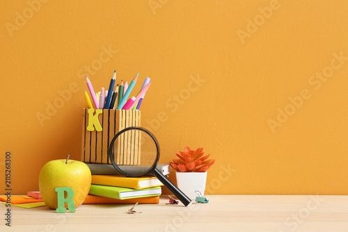 School supplies and apple o...