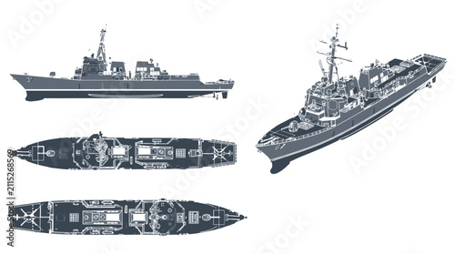 Obraz na płótnie Arleigh Burke-Class Guided-Missile Destroyer Technical Vector Set