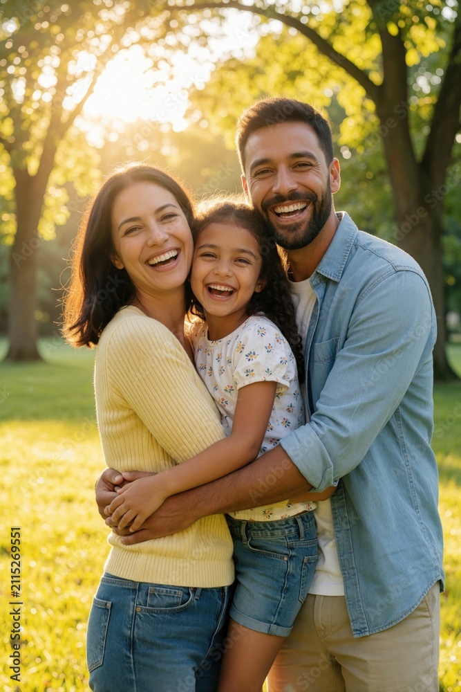 Fototapeta premium Happy parents and daughter embrace in sunny park. Family enjoys daylight outdoors, laughing together. Warm bond, joyful connection, casual summer scene.