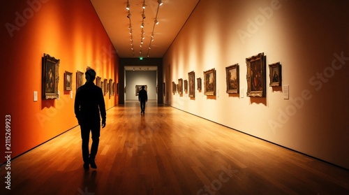 Person walks in modern museum corridor with orange wall, paintings. Silhouette of man goes through long gallery toward distant room. Bright indoor space features wooden floor lighting frame,